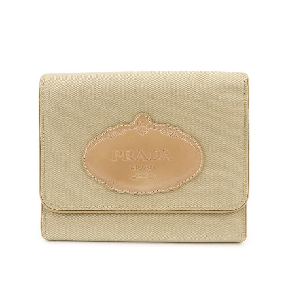 Prada Logo Nylon & Leather Trifold Wallet Beige